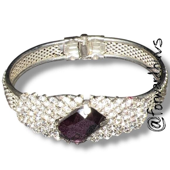 Vintage Hinge Clamper Bracelet – Purple Glass Center Stone – Clear Rhinestones - Picture 4 of 10